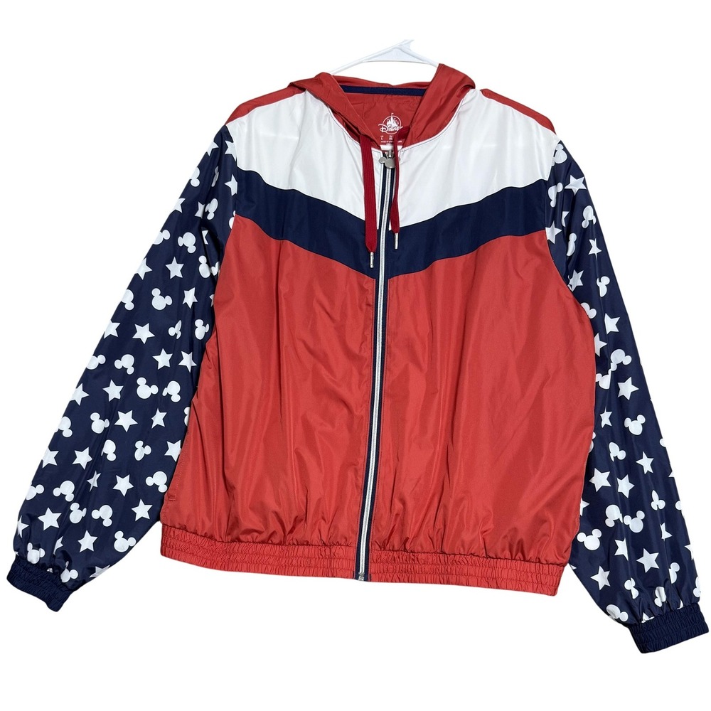 Disney Mickey Mouse Jacket Mens Large Hooded Windbreaker‎ Red White Blue Stars